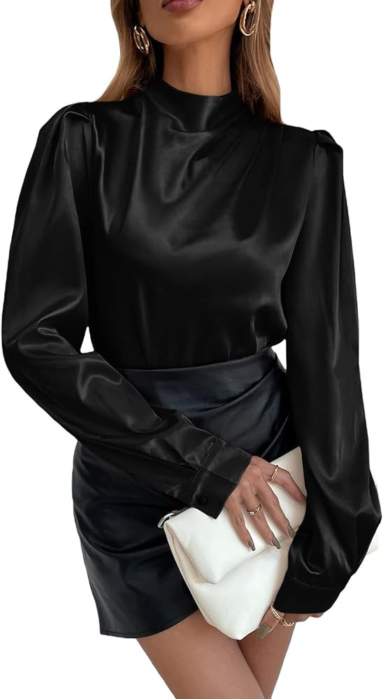 OYOANGLE Women's Satin Long Sleeve Shirt Puff Sleeve Stand Neck Eleagant Work Blouse Top | Amazon (US)