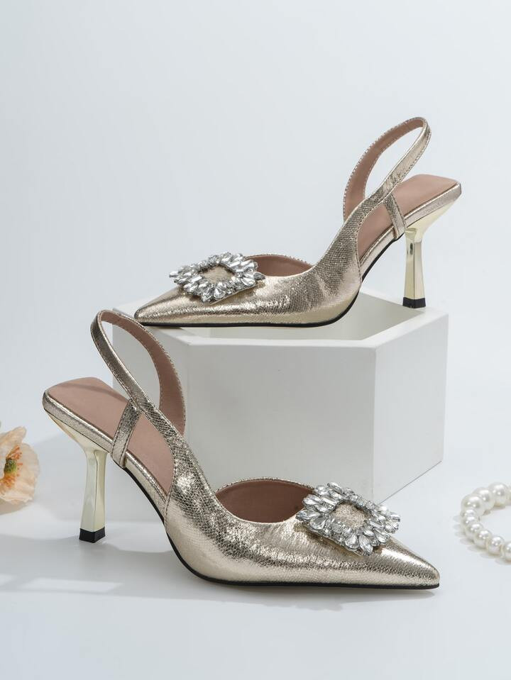 Women's Gold Party Shoes With Diamond Decoration, Metal Crystal Detail, Peep Toe, Stiletto Heels | SHEIN