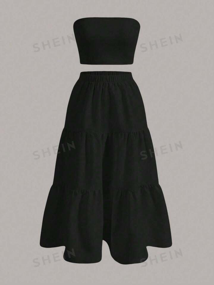 SHEIN MOD Women's Solid Color Cropped Strapless Top And Ruffled Hem Skirt Set | SHEIN