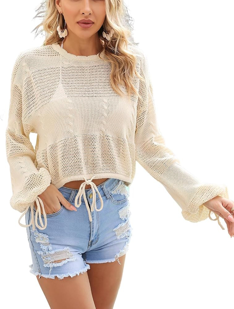 Fenclushy Women's Hollow Out Crochet Knit Pullover Sweater Long Sleeve See Through Bikini Cover U... | Amazon (US)