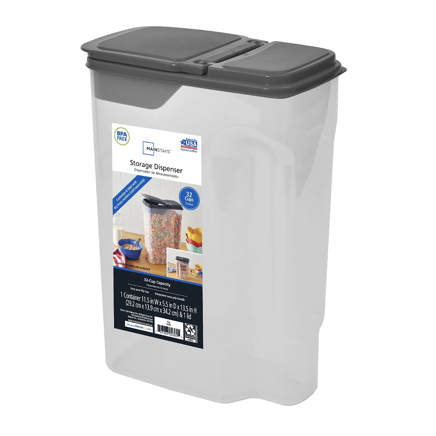 Mainstays Clear Plastic Cereal Dispenser with Lid, 32 Cup Airtight Cereal Storage Container for P... | Walmart (US)