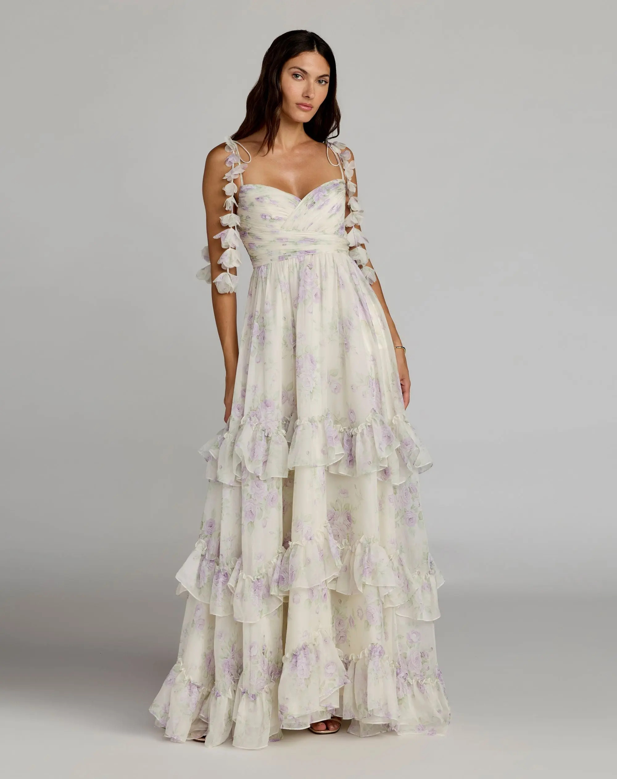 White Floral Chiffon Ruffle Gown With 3D Flower Straps | Mac Duggal | Mac Duggal