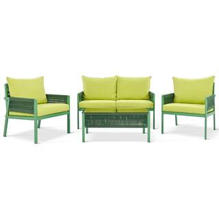 4-Pieces Green Metal Woven Rope Outdoor Patio Conversation Set with Fluorescent Yellow Cushions, Tempered Glass Table | The Home Depot