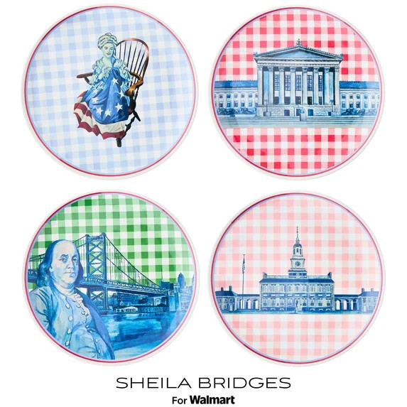 Sheila Bridges Philadelphia Collection Multicolor Gingham 10.85" Melamine Dinner Plates, 4 Count | Walmart (US)