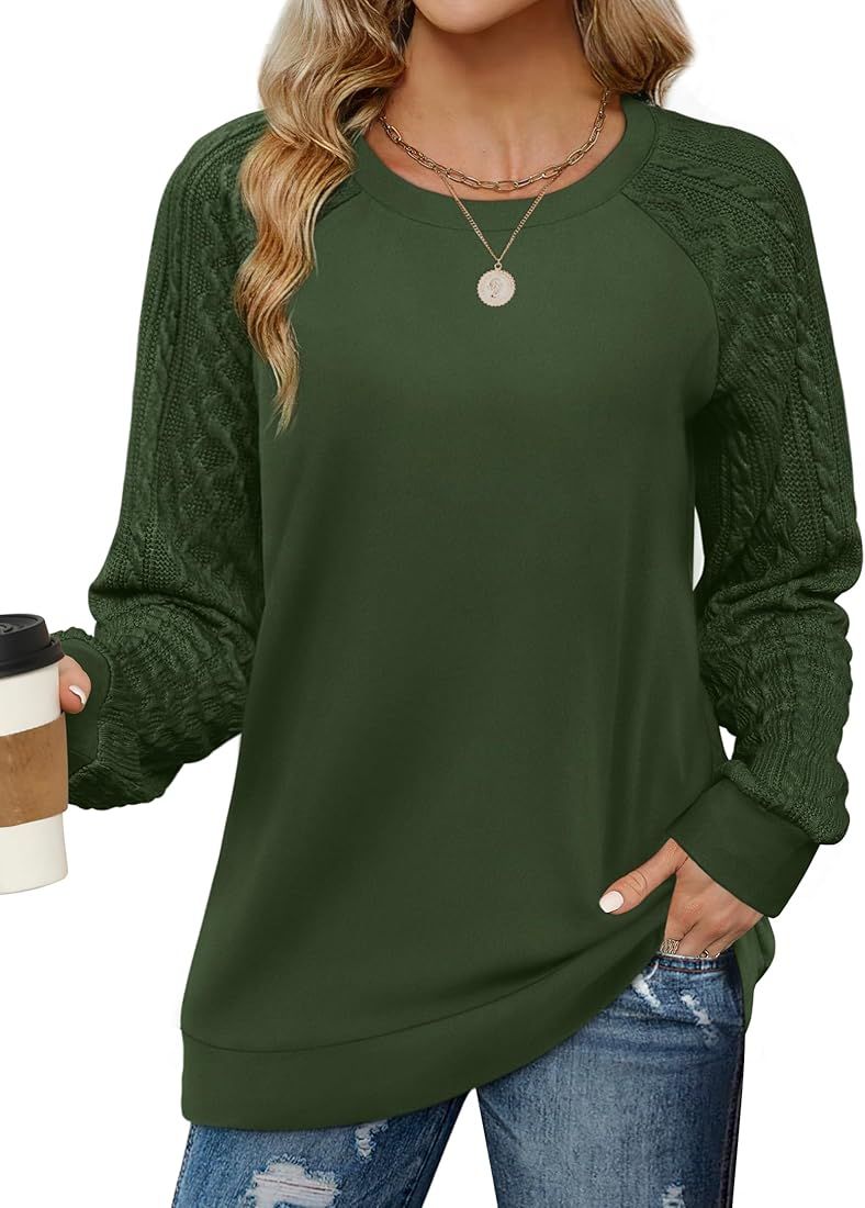 Saloogoe Sweatshirts for Women Crewneck Cable Knit Sleeve Sweaters Lightweight Fashion 2023 | Amazon (US)