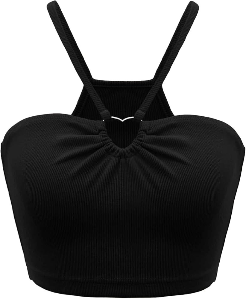 SOLY HUX Women's Plus Size Sexy Halter Crop Tops Heart Ring Rib Knit Cami Top Ruched Sleeveless S... | Amazon (US)