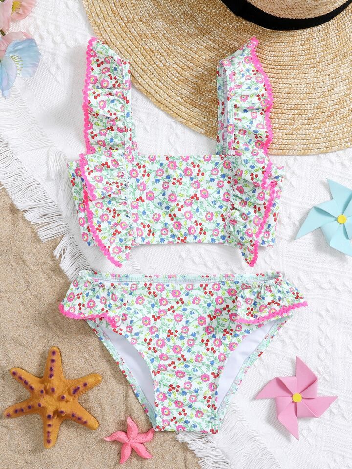 Young Girl Random Floral Print Ruffle Trim Bikini Swimsuit | SHEIN