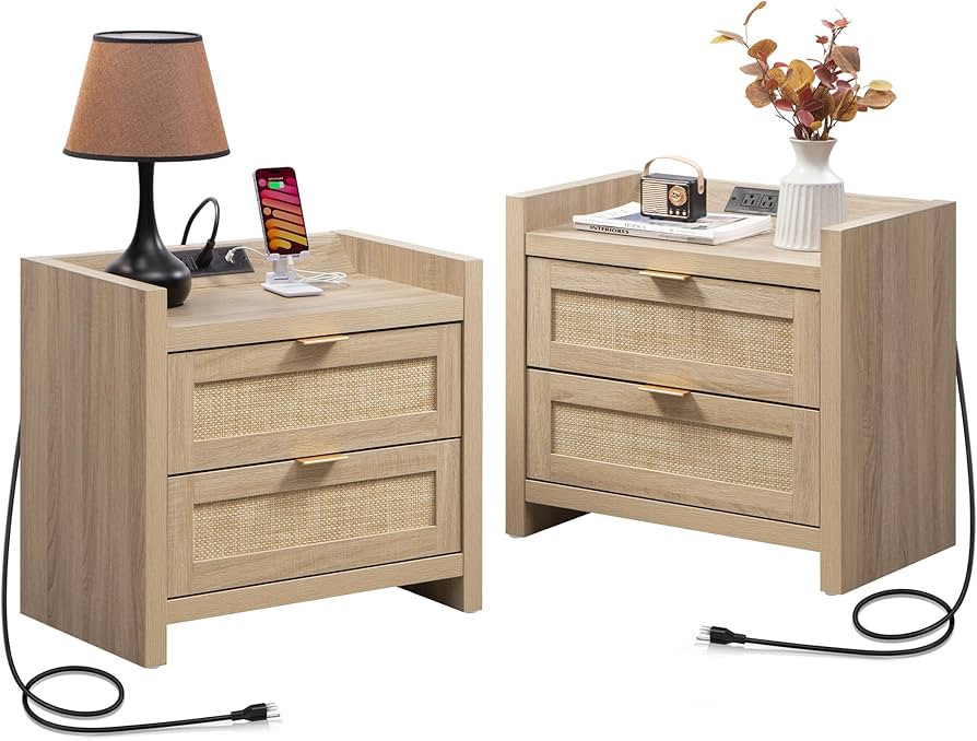 SICOTAS Rattan Nightstands Set of 2 Bedside Table - Bedroom Night Stand with Type-C Charging Stat... | Amazon (US)