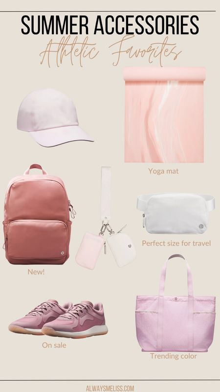 Lululemon has so many great accessories for this summer. Love the pink yoga mat, also available in other colors. Backpack is great for on the go! Love the light pink hat. Tote color is perfect for summer!

Lululemon 
Women’s Bag
Athletic Bag

#LTKShoeCrush #LTKFitness #LTKActive