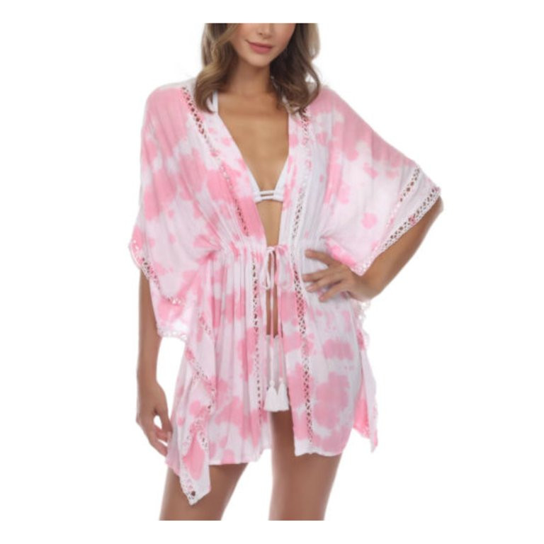 RAVIYA Women's Pink Tie Dye Drawstring-Tie Kimono Deep V Neck Crochet Swimsuit Cover Up S | Walmart (US)