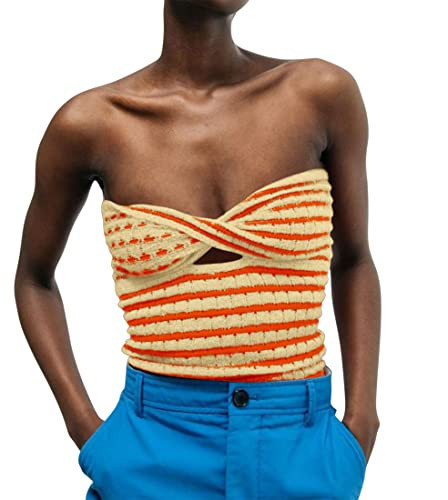 Meladyan Women Twist Front Striped Cutout Knitted Crop Tube Top Bandage Strapless Sleeveless Bandeau Cropped Shirt Yellow Orange | Amazon (US)
