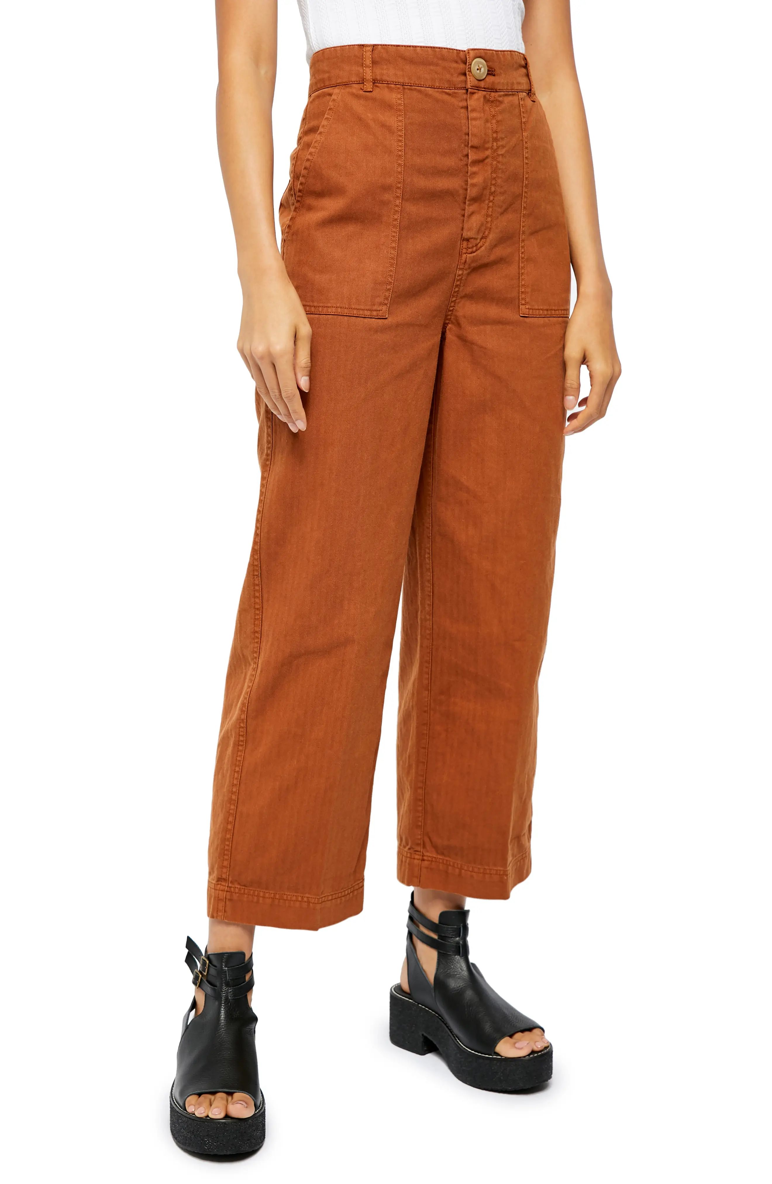 Women's Free People Sunday Skies Crop Straight Leg Cotton Pants, Size 2 - Brown | Nordstrom