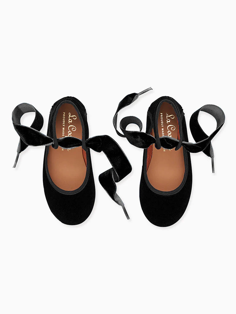 Black Velvet Girl Bow Ballerina Shoes | La Coqueta (US)