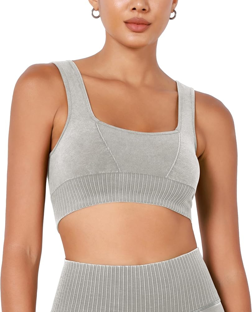 ODODOS Seamless Square Neck Sports Bra for Women Ribbed Crop Tank Casual Low Back Cropped Tops | Amazon (US)