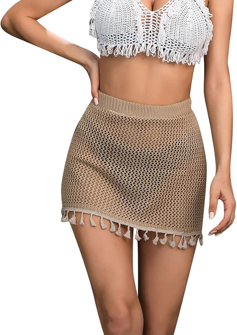 MakeMeChic Women's Crochet Cover Up Skirt Tassel Knitted Mini Beach Cover Up | Amazon (US)
