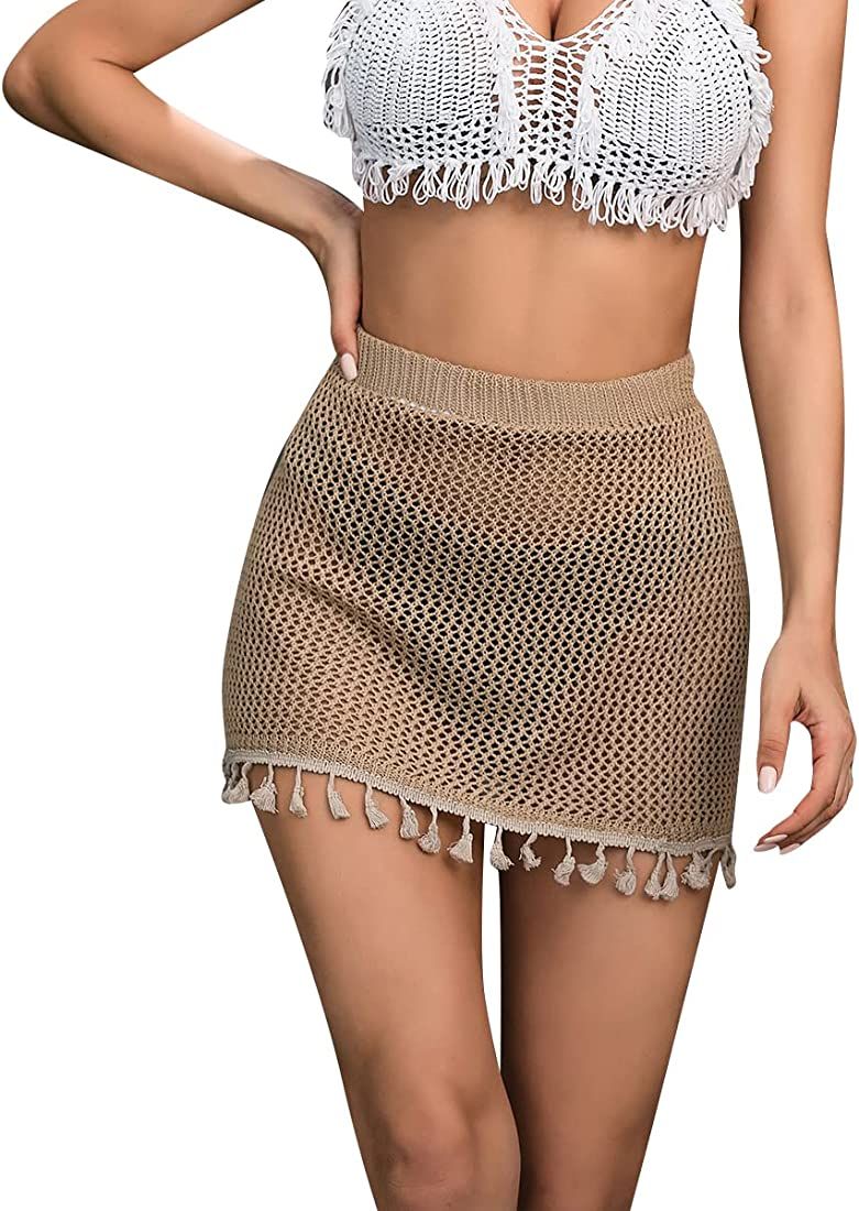 MakeMeChic Women's Crochet Cover Up Skirt Tassel Knitted Mini Beach Cover Up | Amazon (US)