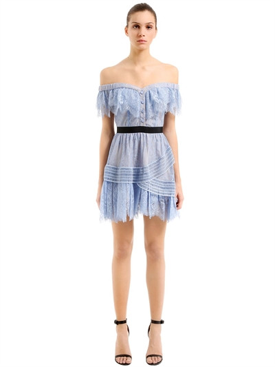 SELF-PORTRAIT, Off the shoulder fine lace mini dress, Light blue, Luisaviaroma | Luisaviaroma