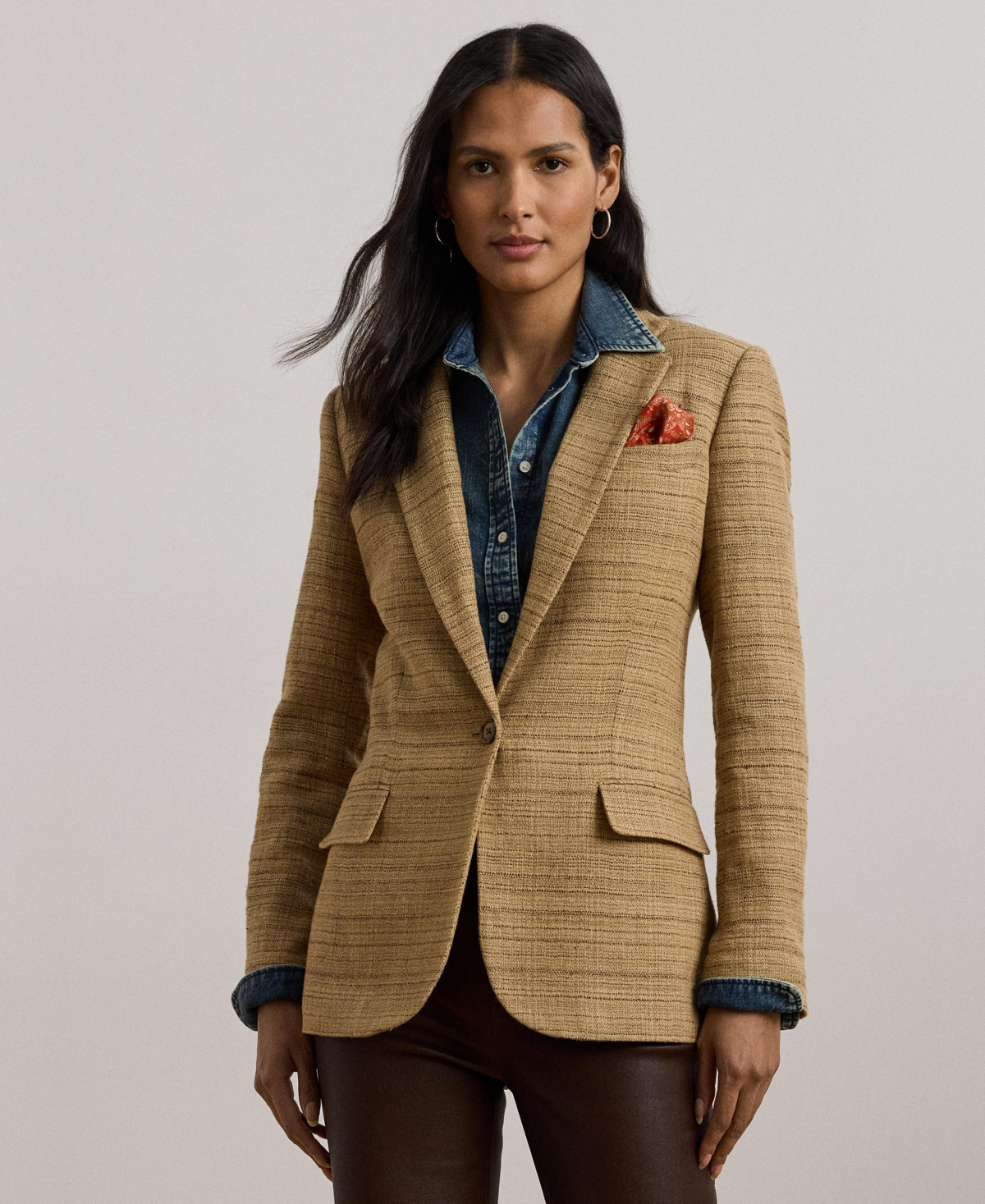 Lauren Ralph Lauren Women's Herringbone Linen-Blend Tweed Blazer - Tan/Brown Multi | Macy's