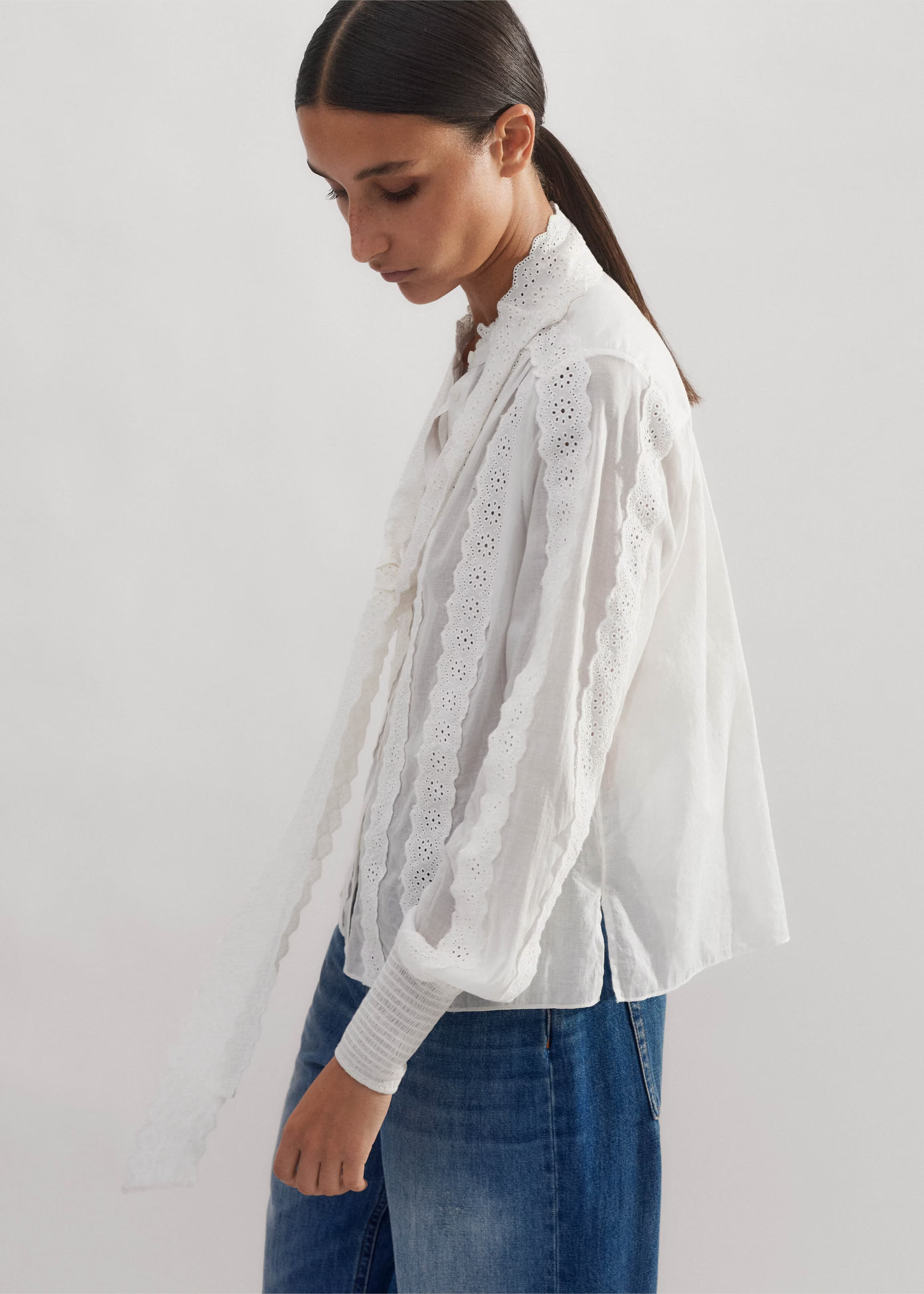Women's White Cotton Broderie Blouse + Tie | ME+EM | ME+EM US