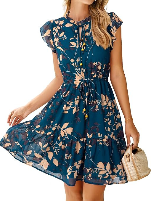Simplee Womens Summer Dress 2026 Ruffle Short Sleeve Floral Boho Dress V Neck A-line Drawstring M... | Amazon (US)
