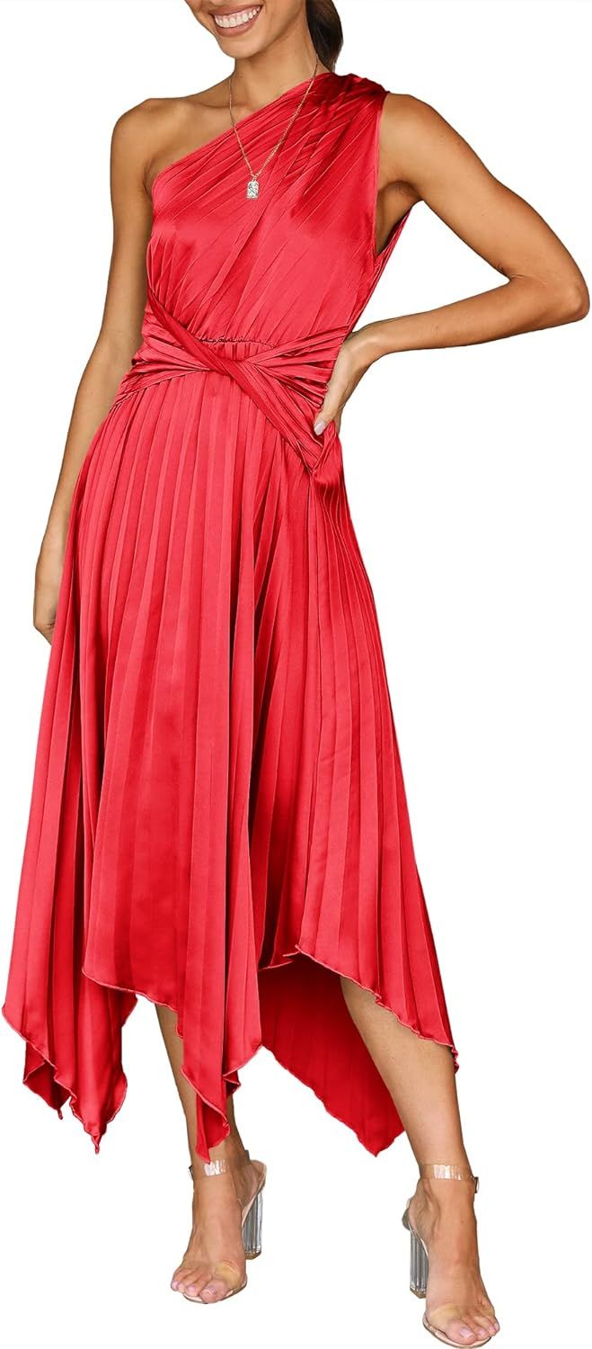 ANRABESS Women's Summer One Shoulder Midi Dress Sleeveless Twist Pleated Asymmetric Satin Cocktai... | Amazon (US)
