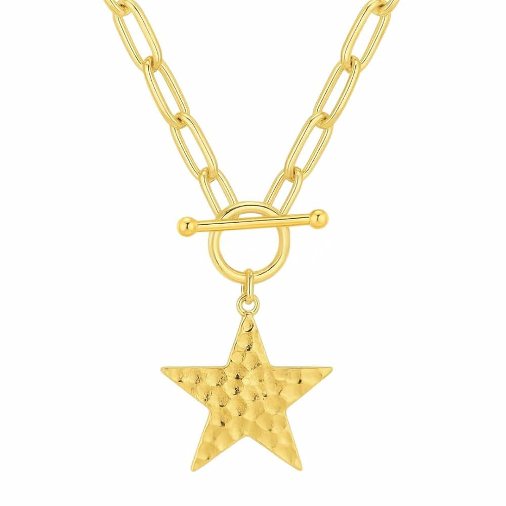 Star Charm Chunky Hammered Toggle Necklace for Women – 18K Gold Plated Statement Chain Jewelry | Amazon (US)