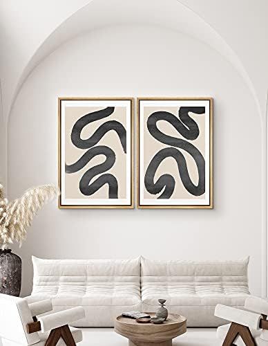 SIGNWIN Framed Wall Art Print Set Black Squiggly Lines Over Tan Background Abstract Swirly Digital A | Amazon (US)