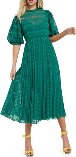 ASOS DESIGN Chevron Puff Sleeve Dobby Chiffon Dress | Nordstrom | Nordstrom