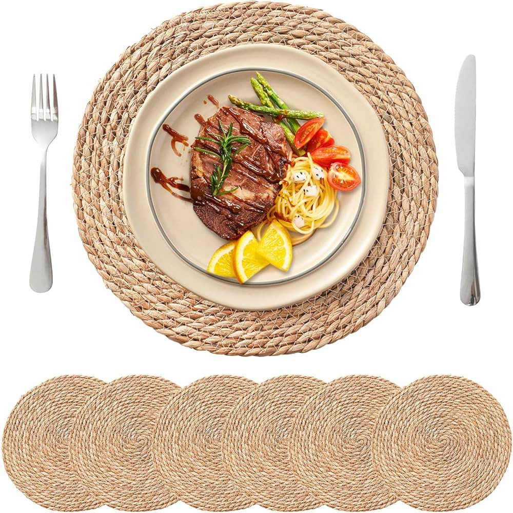 Round Woven Placemats Set of 6, 13.5'' Boho Rattan Chargers for Dinner Plates, Rustic Wicker Plac... | Amazon (US)
