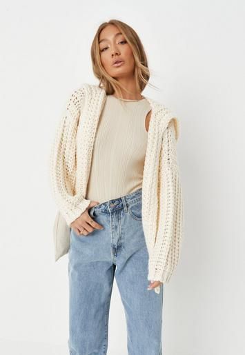 Recycled Cream Hand Knit Hooded Cardigan | Missguided (UK & IE)