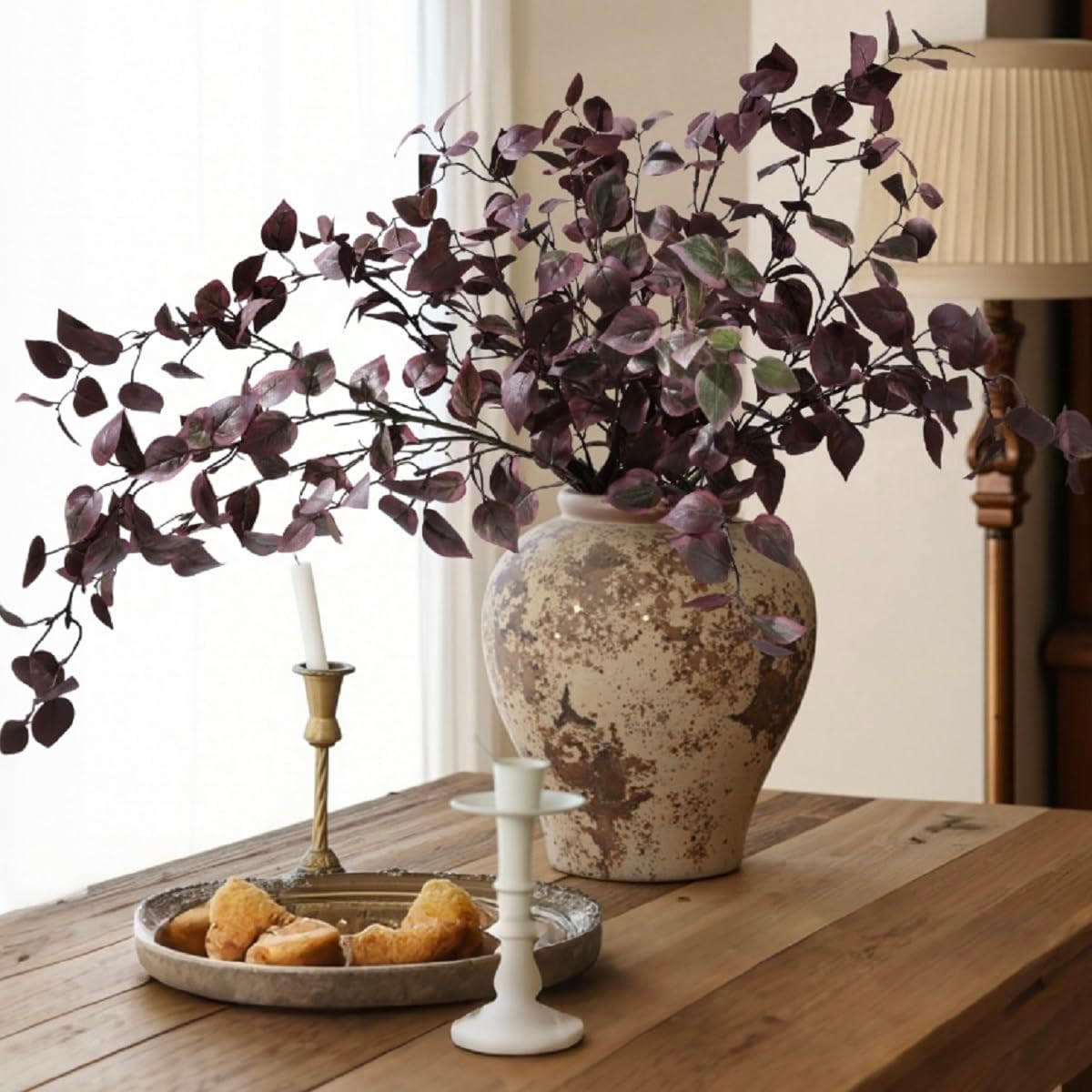 5PCS Artificial Fall Eucalyptus Leaves Stem Plants, 32.7 inch Fake Leaves Autumn Greenery Branches Burgundy Shrubs Silk Faux Foliage DIY Stems for Thanksgiving Festival Home Kitchen Farmhouse | Amazon (US)