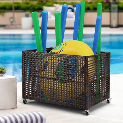 Poolside Float Storage Organizer, Pool Toy Storage Bin With Wicker Mesh Outdoor Pool Float Holder Storage Rack With Handle Rolling Pool Caddy Raft Car | Wayfair North America