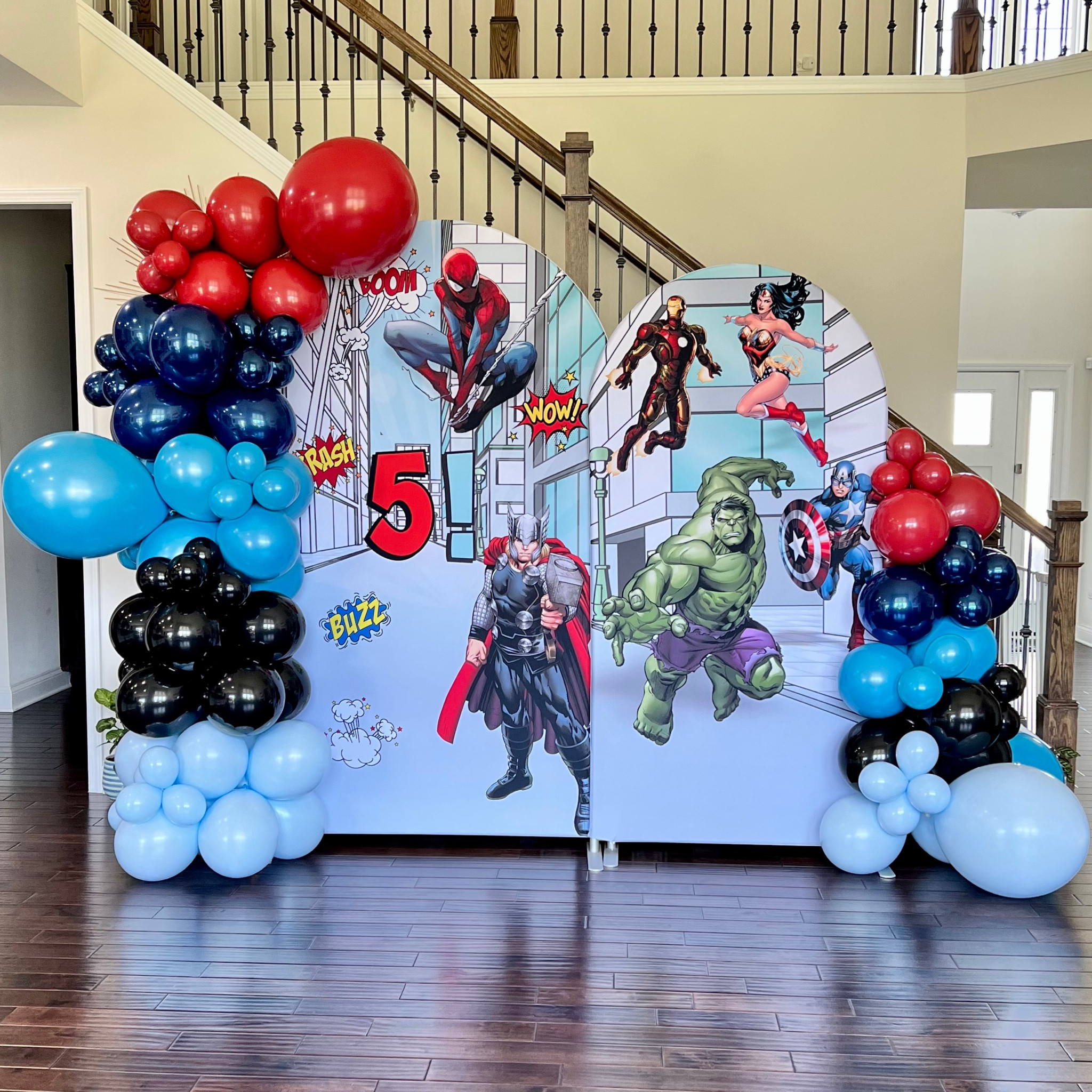 Avengers Theme Birthday Decor

Backdrop stand dimensions - 
4x7 ft (frame E)
3.3x6.5 ft (frame K)

Cake pedestal stand - 36x12x12

Popfestco luxury balloon only garland DIY custom colors - Charcoal Black, Hunter Red, Ocean Blue, Santorini Blue, Soft cloud blue 