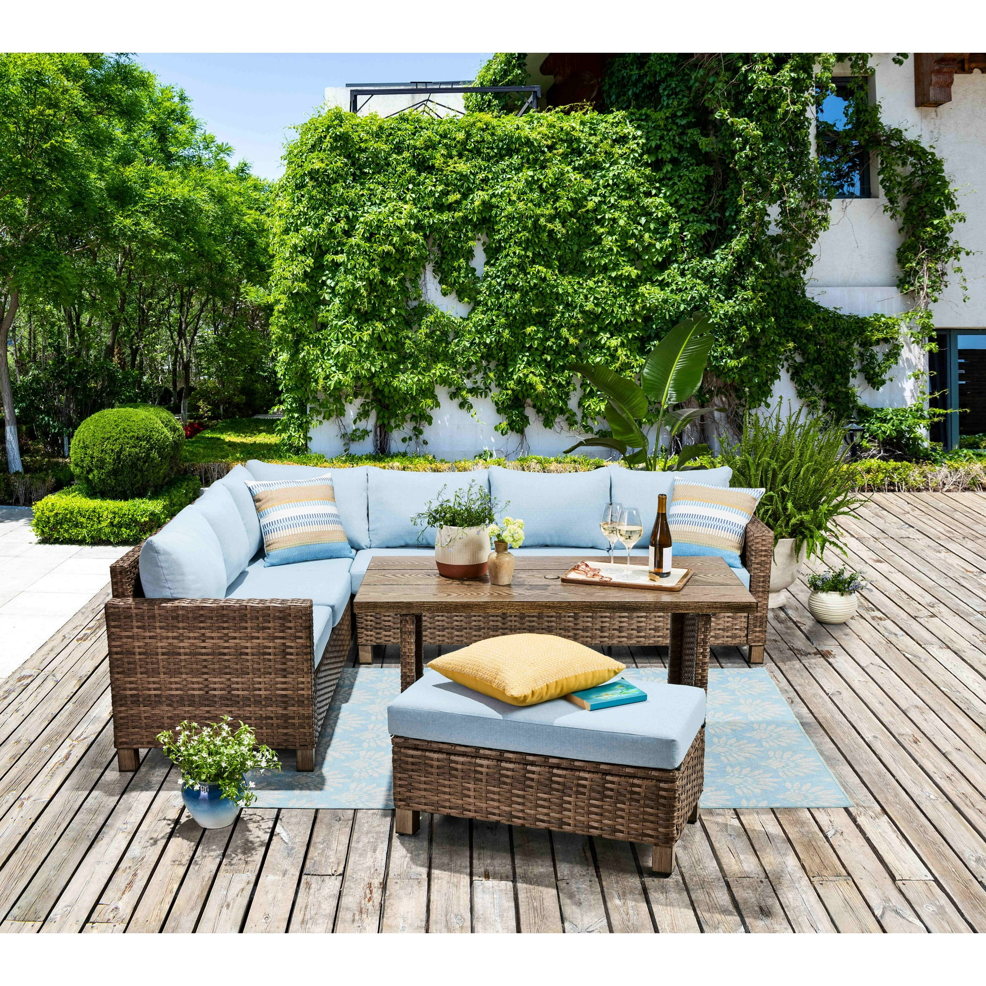 Better Homes & Gardens Brookbury 4-Piece Outdoor Wicker Patio Sectional Dining Set, Blue Cushions | Walmart (US)