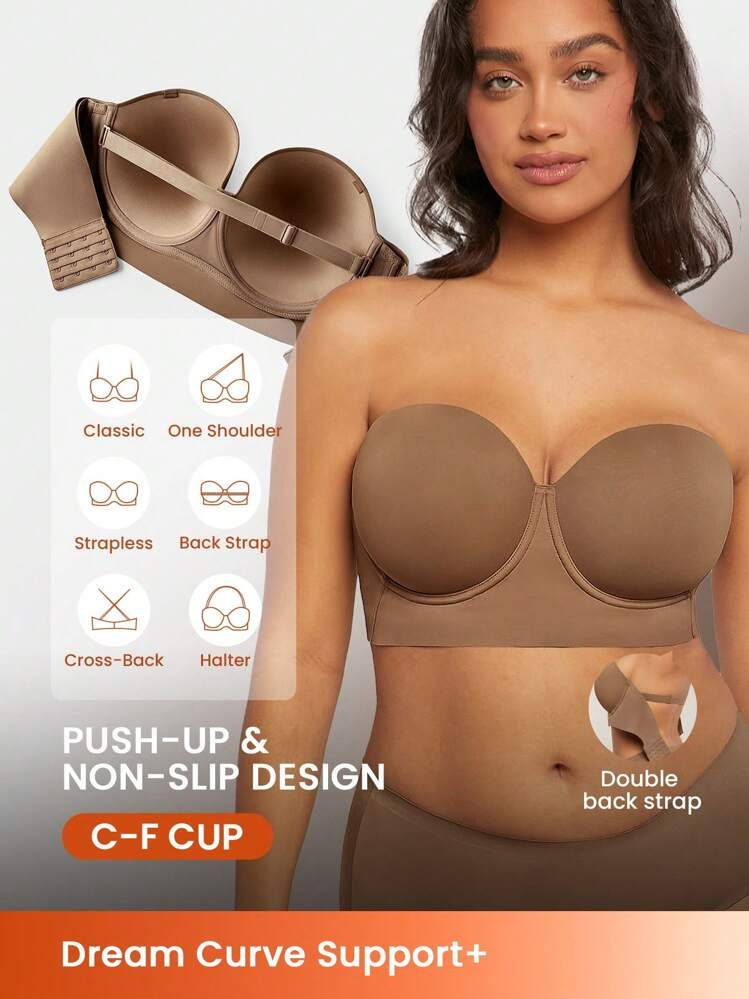 Reggiseno Lungo Senza Spalline Con Supporto Curvo, Push-Up E Senza Cuciture, Adatto Come Indumento Esterno, Basic Per Matrimonio, Colore Marrone | SHEIN
