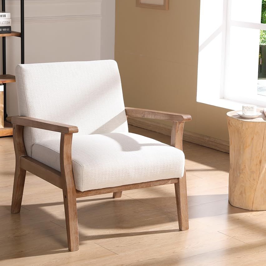 Merakii Wood Frame Accent Chair with Armrests, Beige | Amazon (US)