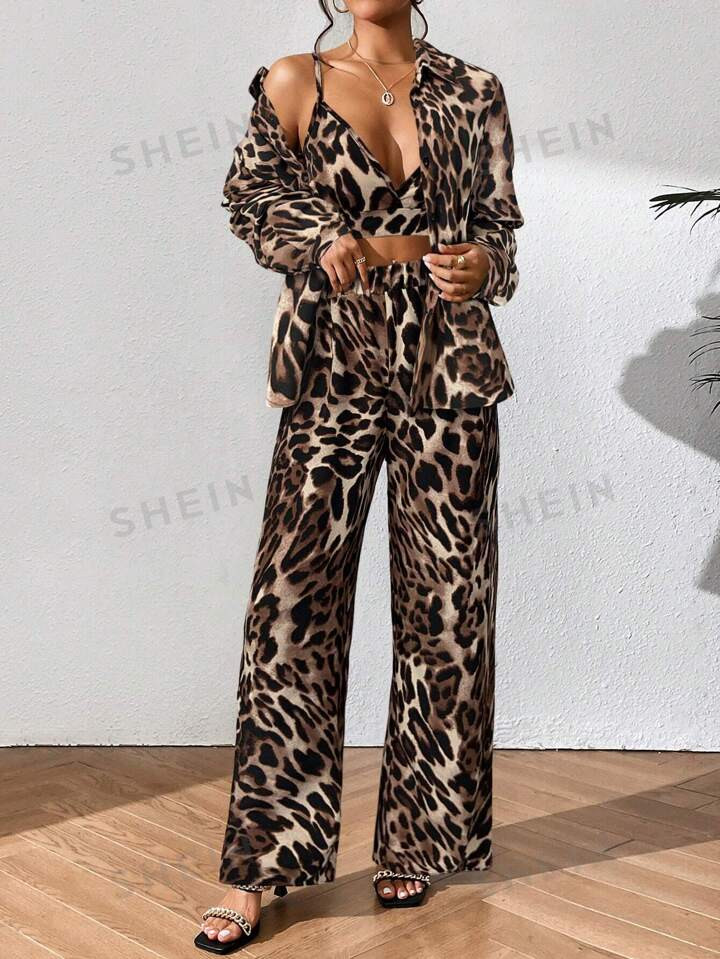 SHEIN Privé Leopard Print Fashion Vest, Shirt, And Long Pants Three-Piece Set | SHEIN