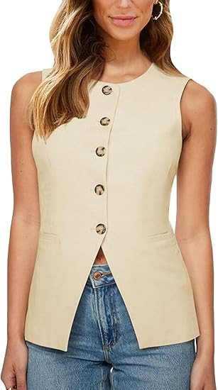 Fallorchid Womens Round neck Suit Vest Sleeveless Button Business Jacket Waistcoat Top | Amazon (US)