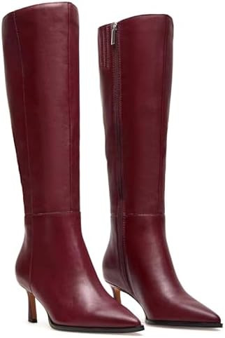 MICIFA Burgundy Kitten Heel Knee High Boots for Women Side Zipper Tall Leather Boots Pointed Toe ... | Amazon (US)