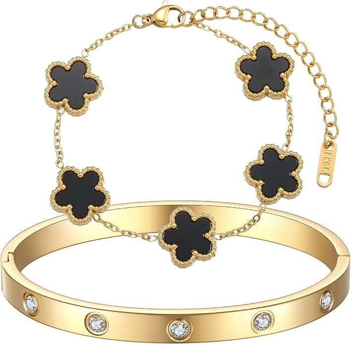 18K Gold Plated Clover Bracelet Love bangle Set for Women - Stack Friendship Bracelet Lucky Link ... | Amazon (US)