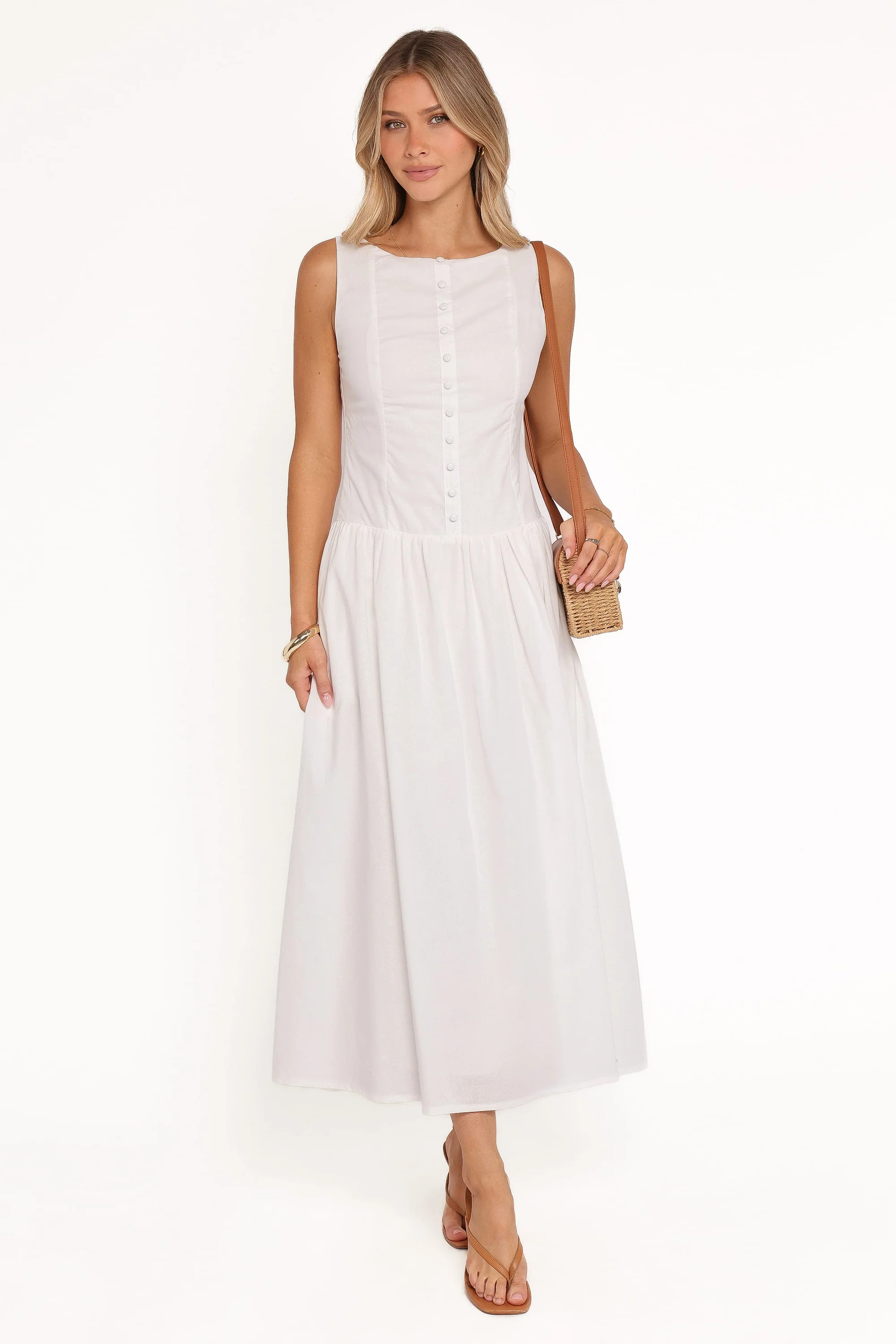 Evie Button Front Maxi Dress - White | Petal & Pup (US)
