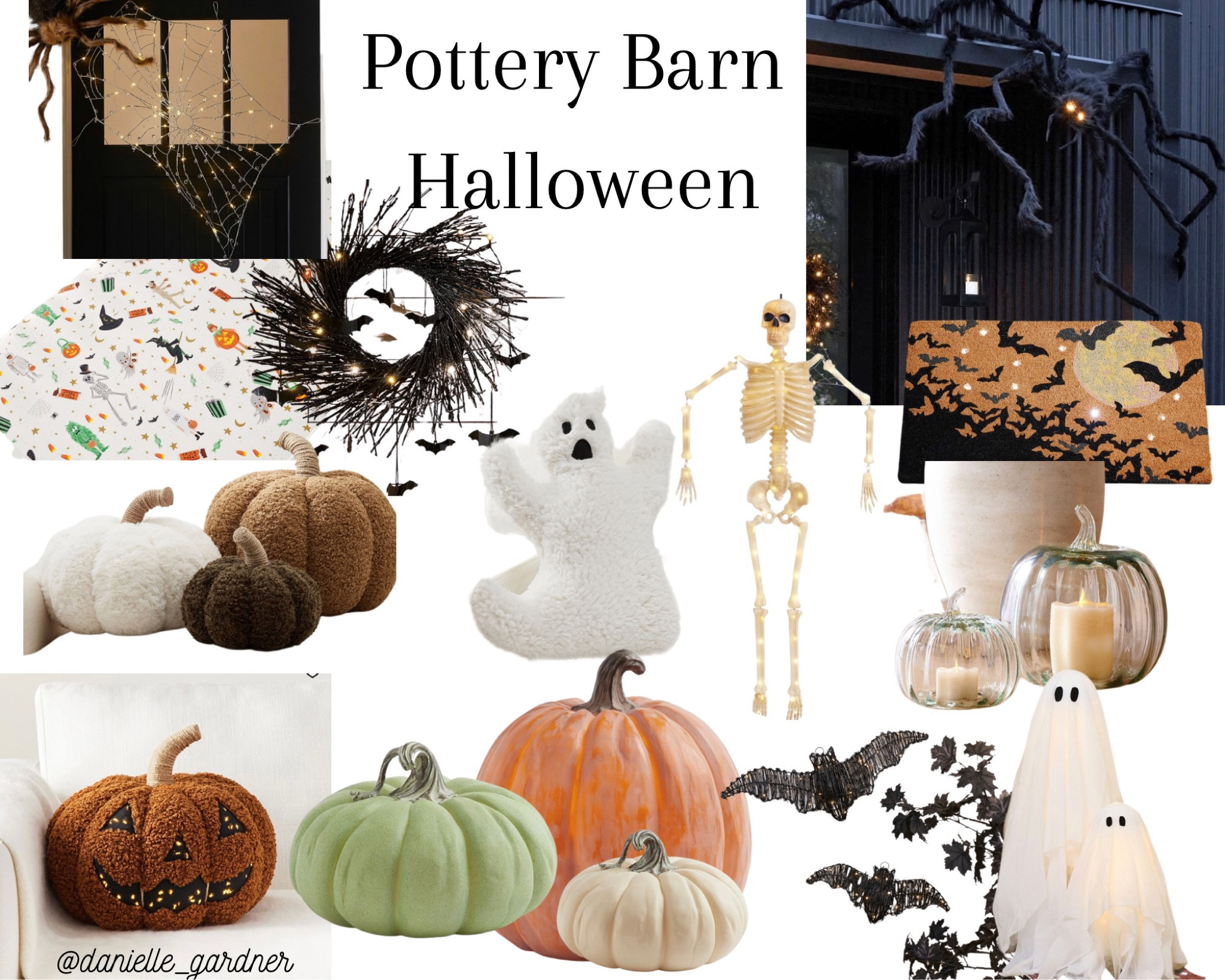 Pottery barn Halloween decor. Faux pumpkins, ghost pillow, pumpkin pillows, glass pumpkins, Halloween wreath, fake spiderwebs, bat decor, fake ghosts  