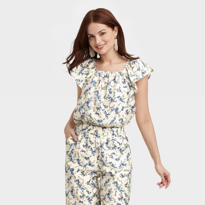 Women's Flutter Short Sleeve Blouse - A New Day™ Cream Floral M | Target