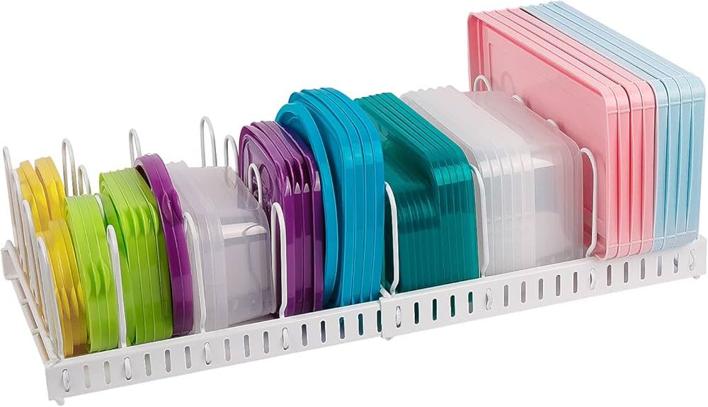 Expandable Food Container Lid Organizer,Large Capacity Adjustable 10 Dividers Detachable Lid Orga... | Amazon (US)