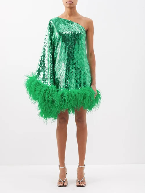 Taller Marmo - Piccolo Disco Ubud Sequinned Feather-trim Dress - Womens - Green | Matches (UK)