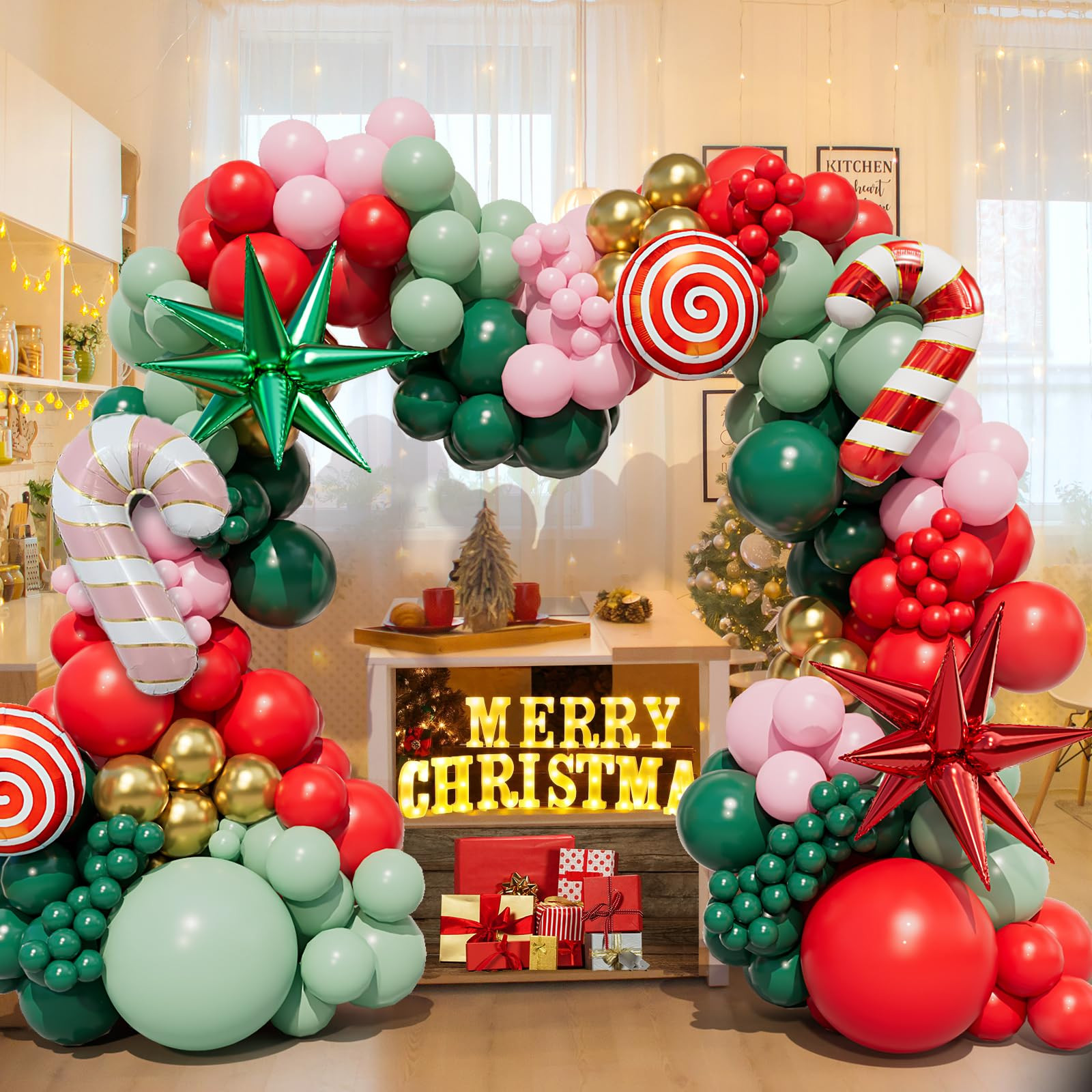163PCS Christmas Balloon Garland Arch kit with Red Green Pink Gold Christmas Balloons Candy Cane ... | Amazon (US)