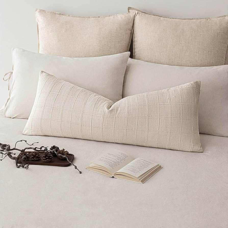 Foindtower Set of 1 Decorative Linen Check Throw Pillow Cover Neutral Long Body Lumbar Cushion Co... | Amazon (US)