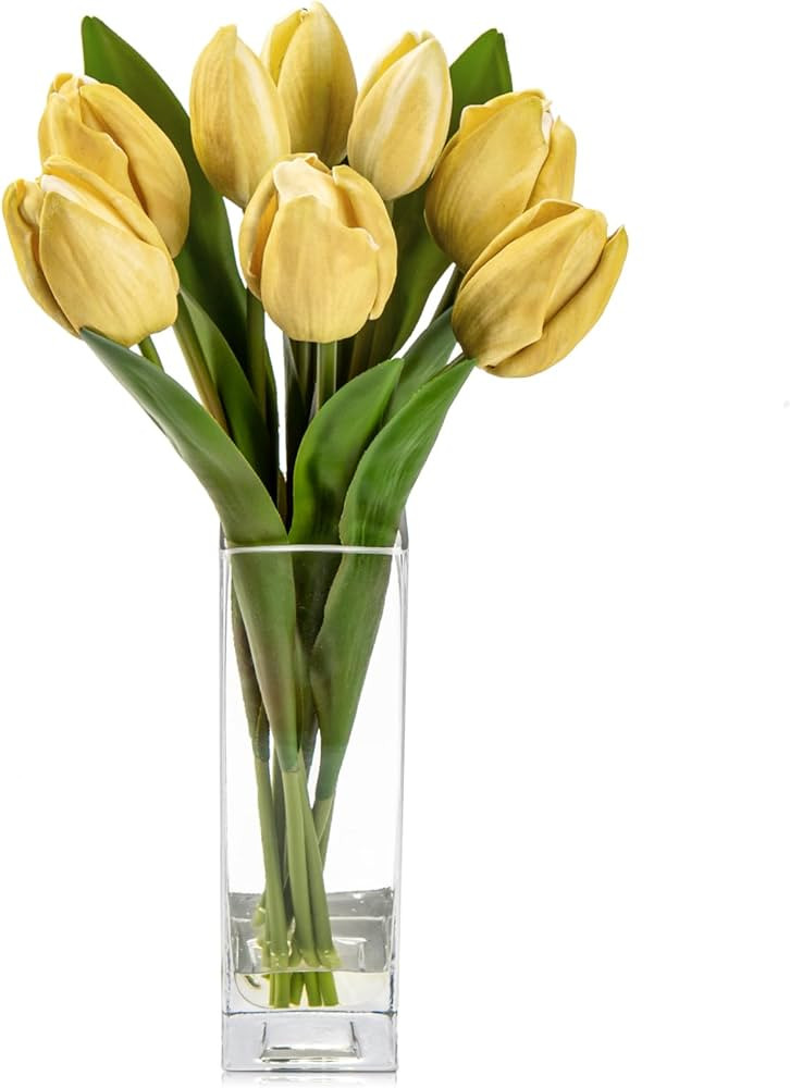 Briful Fake Flowers Artificial Tulip Flower Khaki in Clear Vase, Real Touch EVA Tulip Arrangement... | Amazon (US)