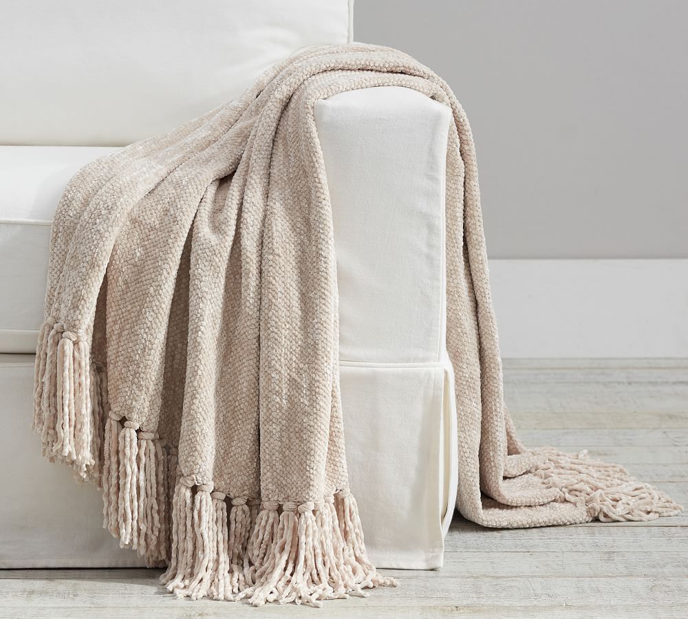 Chenille Hand-Knotted Fringe Throw, 50 x 60&amp;quot;, Ivory | Pottery Barn (US)