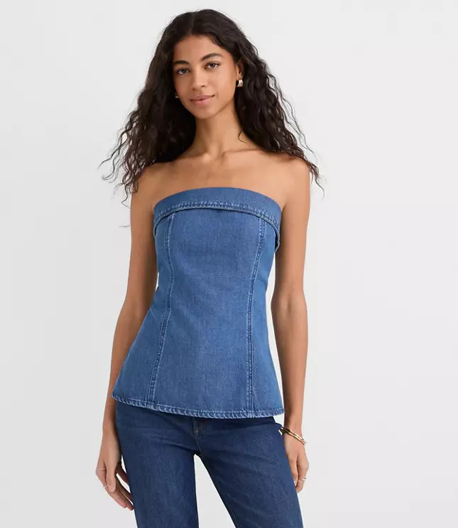 Petite Denim Foldover Strapless Top in Classic Mid Wash | LOFT